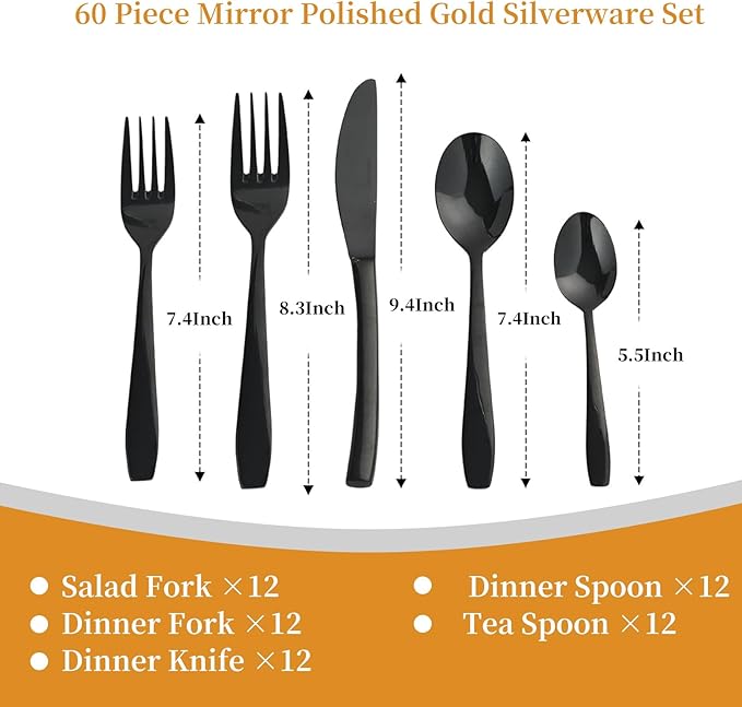 Black 60 Piece Silverware Set,Stainless Steel Flatware Set for 12,18/0 Rust-Proof Cutlery Set with Forks & Spoons,Mirror Polished Dishwasher Safe - Heavy Duty Tableware for Home & Dining