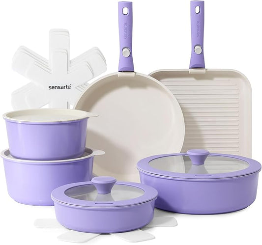 SENSARTE 17 Piece Ceramic Pots and Pans Set, Nonstick Detachable Handle Cookware, Induction Kitchen Cookware Set with Removable Handle, Dishwasher ＆ Oven Safe (Purple)