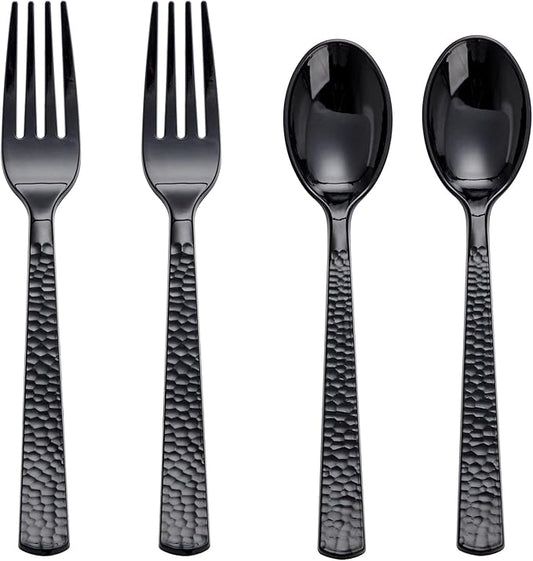 KIRE 400PCS Black Plastic Spoons and Forks Disposable - Black Plastic Silverware Set Disposable Cutlery - 200 Forks, 200 Spoons for New Year/Wedding