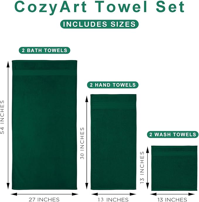 COZYART Dark Green Bath Towel Set 6Pcs, Turkish Cotton Hotel Soft Absorbent Thick Bathroom Towel Sets of 6 with 2 Large Bath Towels, 2 Hand Towels, 2 Washclothes, 650 GSM