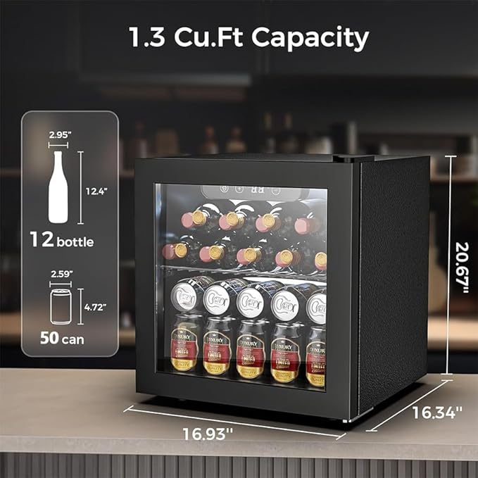 Wine Fridge Freestanding Counter-top 12 Bottles, 50 Cans Wine Cellar Drink Cooler for Soda, Canned Beer, Adjustable Digital Temperature Control for Home Dorm Office, Black