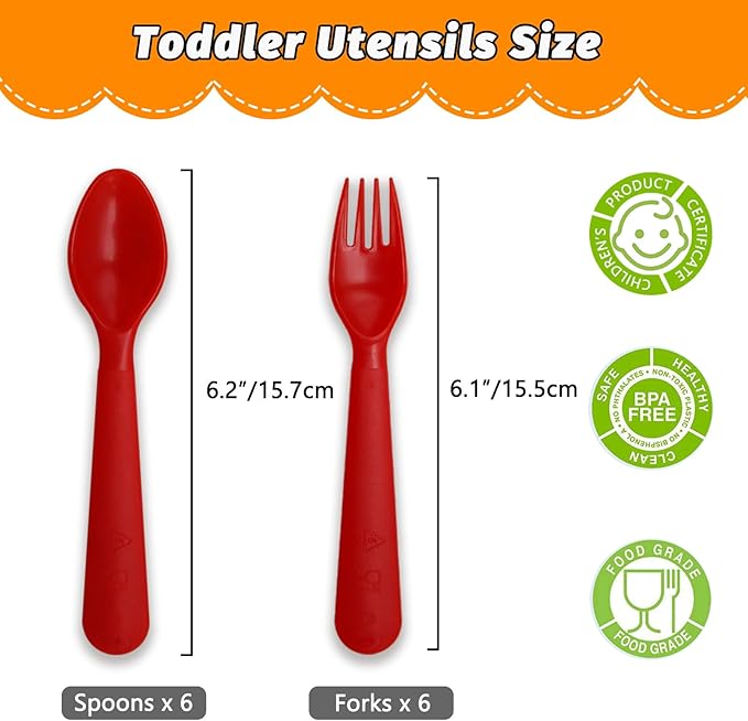 12 Pcs Kids Spoons and Forks Toddler Utensils Plastics Reusable Silverware Baby Cutlery Set Feeding Dinnerware Utensils BPA Free Microwave Dishwasher and Freezer Safe- Red