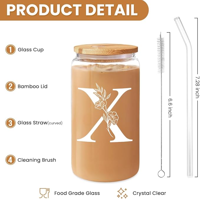 SANDJEST Monogrammed Gifts for Women - Monogram X Initial Glass Cup 16 Oz Can Coffee Cups with Lid and Straw - Monogram Initials Gifts for Womens on Birthday