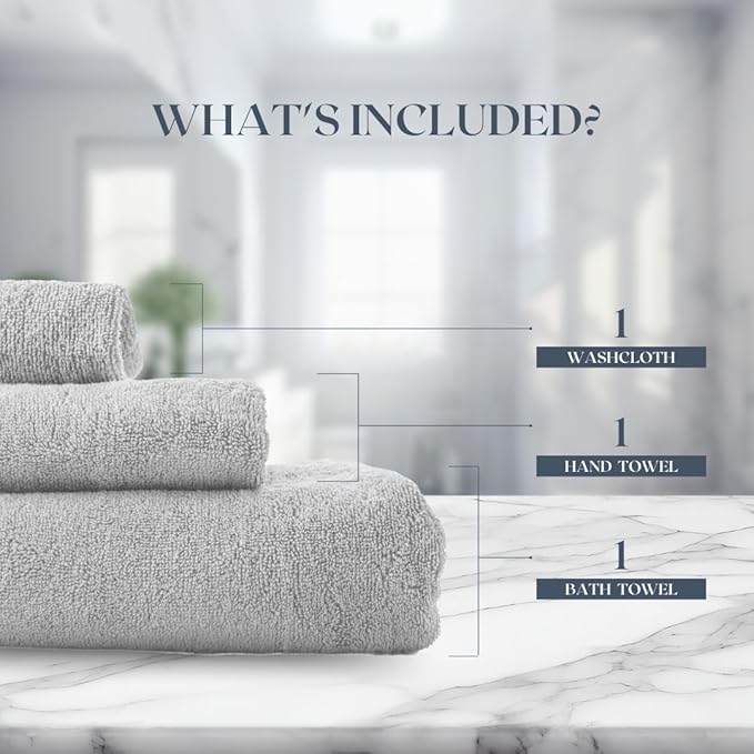 Egyptian Cotton Towel Set - 3 Piece | Ultra Soft 100% 600 GSM Towels | 1 Bath, 1 Hand, 1 Washcloth | Quick Dry, Durable for Bathroom, Home, Spa, Gym | Premium Towel Set (Light Gray)