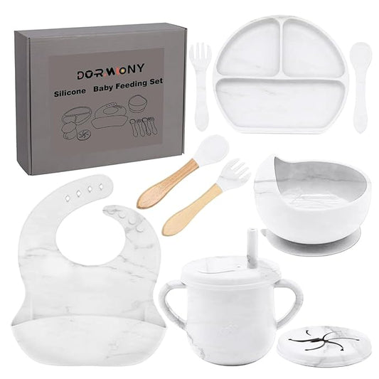 9pc BPA Free Silicone Baby Feeding Set - White: Suction Bowl, Divided Plate, Sippy Cup, Bib, Spoons, Forks - Baby Eating Utensils