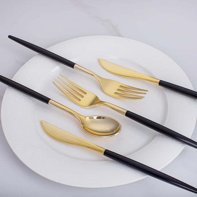 I00000 60 Pack Gold Silverware Set with Black Handle,Heavy Duty Black Plastic Cutlery Include 20 Forks 20 Knives 20 Spoons, Plastic Utensils Set for Party