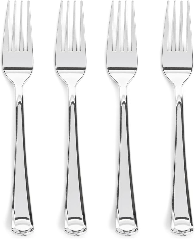 Prestee 100-Pack Heavy Duty Plastic Forks - 7-Inch Elegant Silver Plastic Forks Disposable Set - Fancy, Disposable Silverware Utensils for Parties, Holidays, Weddings, and Events - Durable Cutlery Set