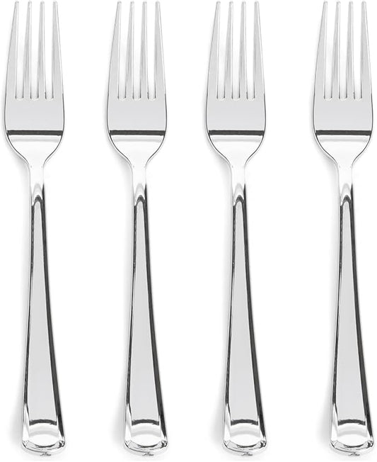 Prestee 100-Pack Heavy Duty Plastic Forks - 7-Inch Elegant Silver Plastic Forks Disposable Set - Fancy, Disposable Silverware Utensils for Parties, Holidays, Weddings, and Events - Durable Cutlery Set