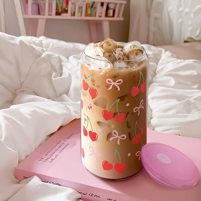 Cherry 16 Oz Can Glass Tumbler with Acrylic Lid and Straw - Iced Coffee Cups for Women, Aesthetic Glass Cup Gift for Birthday Christmas