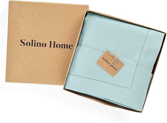 Solino Home Linen Tablecloth for Rectangle Tables 60 x 108 Inch - Classic Hemstitch 100% Pure Linen Aqua Blue Table Cloth - Machine Washable Cloth Tablecloth for Holiday, New Year