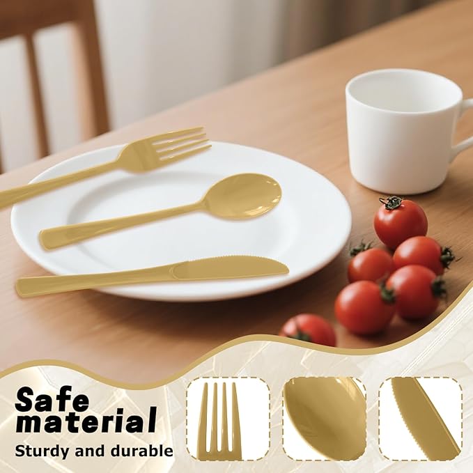 150 Pack Disposable Plastic Silverware, Heavy Duty Gold Plastic Cutlery Set Includes 50 Forks 50 Knives 50 Spoons for Birthday Wedding Party Picnics (150, Gold)