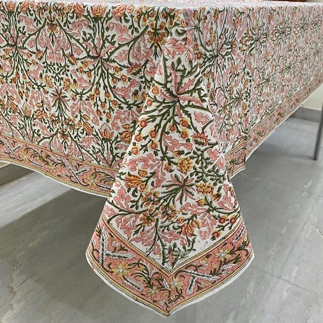 Ridhi Sassy Salmon and Emerald Green Hand Block Print Cotton Cloth Dinning Table Cover Wedding Farmhouse Thanksgiving Christmas Spring Fall Tablecloth 4 Seater 60x60 Inches Square