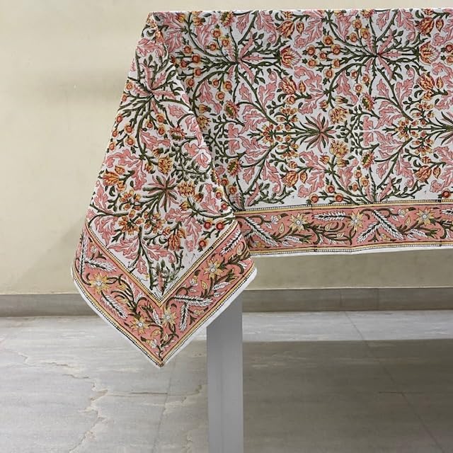 Ridhi Sassy Salmon Emerald Green Hand Block Print Cotton Rectangle Tablecloth 140" x 72" inches Reusable Table Cover Decorative Everyday Use for Dining, Farmhouse, Home, Party, Festive, Wedding, Fall