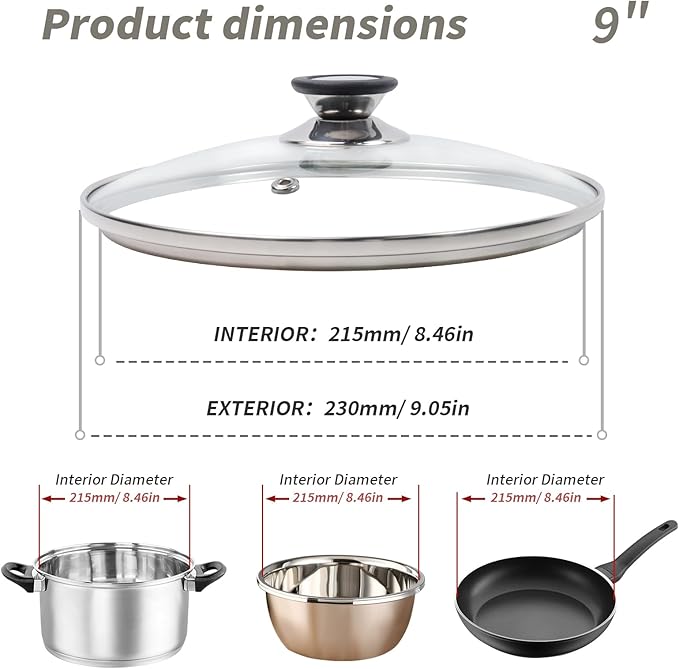9" Tempered Glass Pan Lid with Steam Vent, Thickened to 4mm and Dishwasher Safe and Oven up to 480℉, Universal Lid Fit for Cast Iron Skillets, Frying Saute Pan, Cooking Pot