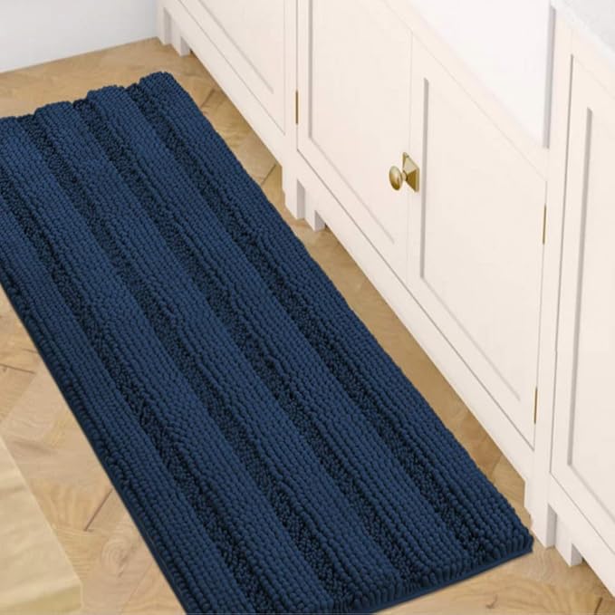 H.VERSAILTEX Bath Rugs for Bathroom Non Slip Bath Mats Extra Thick Chenille Striped Bath Rug Runners 47" x 17" Absorbent Fluffy Soft Shaggy Mats Dry Fast Plush Area Carpet for Bath Room - Navy
