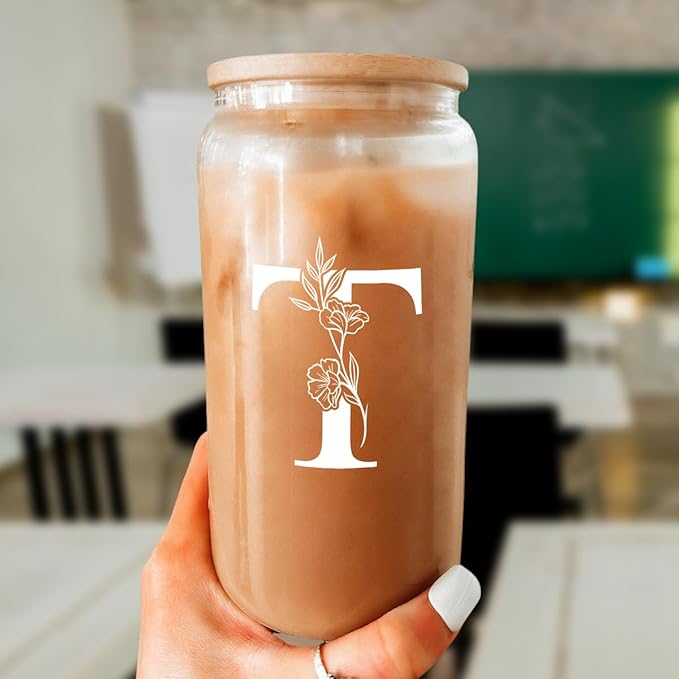 SANDJEST Monogrammed Gifts for Women - Monogram T Initial Glass Cup 16 Oz Can Coffee Cups with Lid and Straw - Monogram Initials Gifts for Womens on Birthday