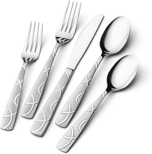 HIKAA 60PCS Stainless Steel Silverware Set, Modern Flatware Set for Kitchen, Mirror Polished Cutlery Set with Forks, Spoons and Knives，Dishwasher Safe