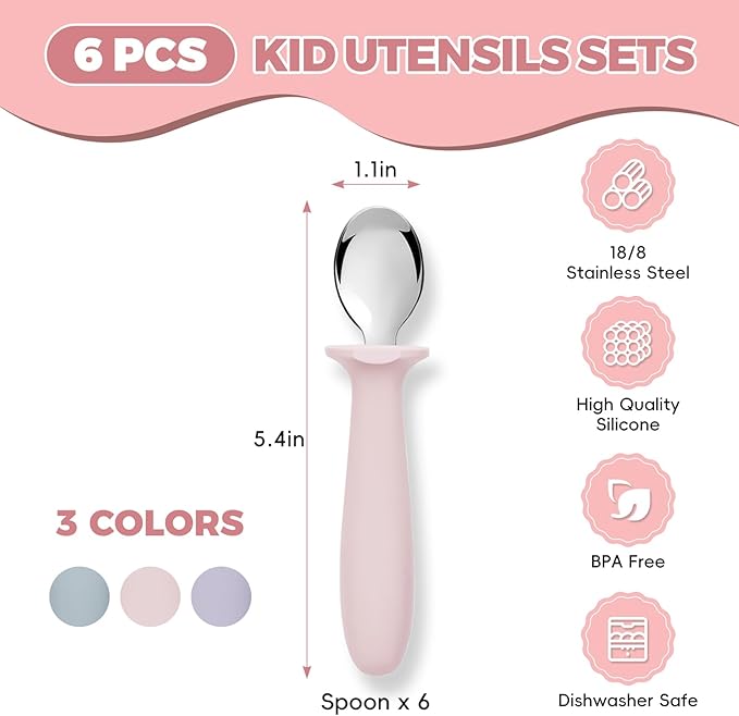 6 PCS Toddler Spoons Set - Baby Spoons with Silicone Handle Children Food Grade 18/8 Stainless Steel Toddler Utensils Set for Self Feeding Kids Silverware Set Safe Anti-Choke Design Dishwasher Safe