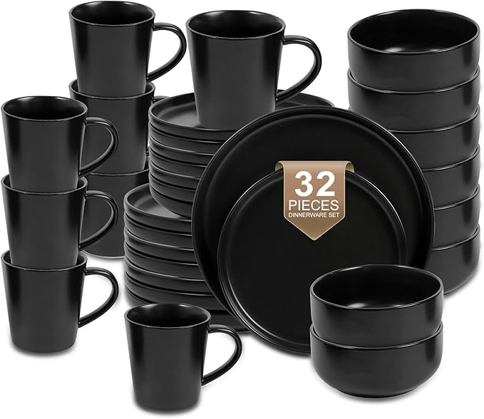 EWFEN 32-Piece Ceramic Dinnerware Sets with Mugs for 8, Black Plates and Bowls Set with Classic Design, Scratch Resistant Dishes Set, Dishwasher & Microwave Safe