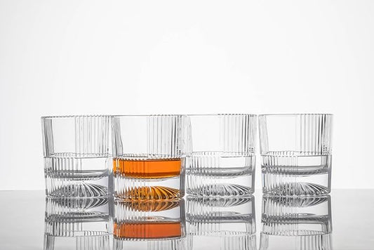 10oz Old Fashioned Whiskey Glasses Set | Lead-Free Crystal, Heavy Base, Rock Glass with Elegant Tile Design, 4-Piece Set for Scotch & Cocktails