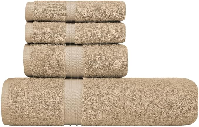 Cotton Bath Towels Set of 4 - Decorative & Soft 100% Cotton, Quick Dry, Absorbent - Includes 1 Bath Towel (28" x 56"), 1 Hand Towel (16"x28") and 2 Wash Cloths (12"x12") - Beige