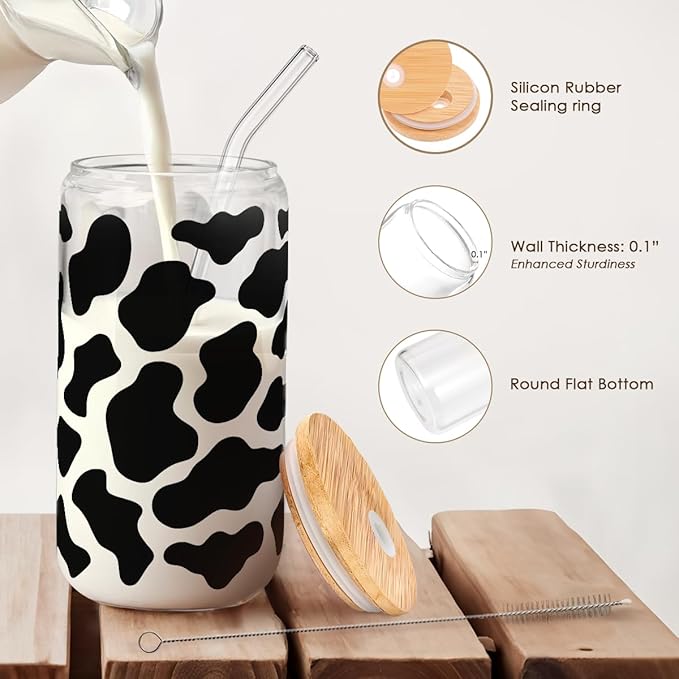 SANDJEST Cow Glass Can, Cow Prints Cup with Lid & Straw, Iced Coffee Aesthetic Cups, Idea Gift for Christmas Birthday Mother Day, Gifts for Women, 16oz