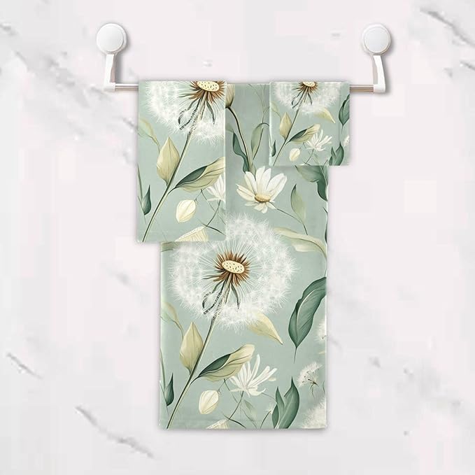 Sage Green Dandelion722 Decorative Towels for Bathroom Bath Towel Sets Absorbent Microfiber Fancy Beach Towels Bathroom Towel Washcloth Sets