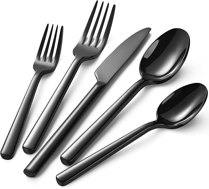 40-Piece Black Silverware Set, Heavy-Duty Stainless Steel Black Flatware Set for 8, Cutlery Set with Modern Round Handle, Mirror Polished Utensils Set, Dishwasher Safe
