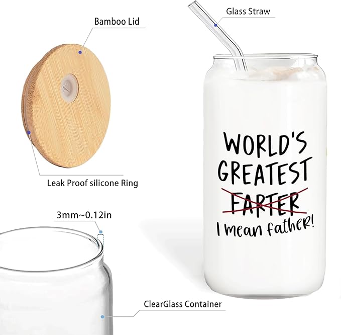 Funny Dad Gifts for Fathers Day Glass Cup with Lids and Straws Cleaning Brush 14oz,Father Dad Birthday Gifts from Daughter Son,World Greatest Farter Glass Coffee Tumbler Drinking Jars