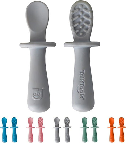 TalkTools ITSY Tiny Silicone Spoons – Twin Pack Soft Silicone Self-Feeding Training Spoons for Kids & Toddlers, Anti-Choking Flange Guard and Non-Slip Handle (Cloud)