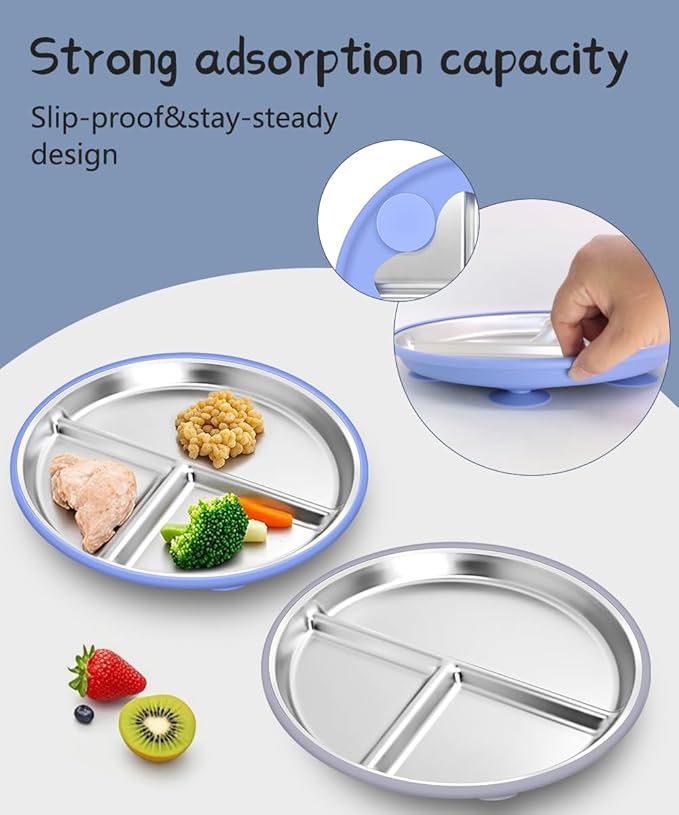 Stainless Steel Baby Plates With Suction,9” Divided Plate Silicone Sleeve For Kids ,Metal Toddler Plates BPA Free Stainless Steel Toddler Plate Unbreakable Dishwasher Safe Set Of 2 Blue and Gray