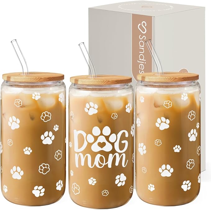 SANDJEST Dog Mom Cup 16 Oz Can Glass Coffee Mug with Bamboo Lid & Straw - Dog Lover Gifts for Women - Dog Mom Gift for Birthday Mothers Day