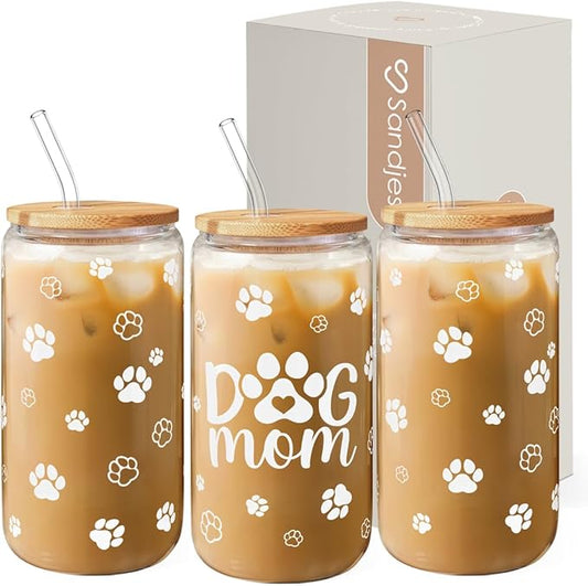 SANDJEST Dog Mom Cup 16 Oz Can Glass Coffee Mug with Bamboo Lid & Straw - Dog Lover Gifts for Women - Dog Mom Gift for Birthday Mothers Day