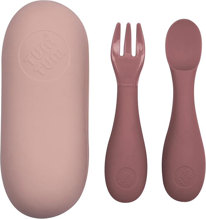 Tum Tum Baby Cutlery with Case - Baby Spoon & Fork Set, Self Feeding Cutlery, Silicone, 6+ Months, Pink