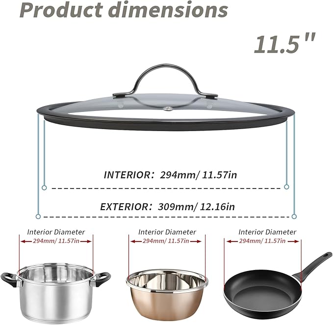 11.5" Tempered Glass Pan Lid with Steam Vent, Thickened to 4mm and Dishwasher Safe and Oven up to 480℉, Universal Lid Fit for Cast Iron Skillets, Frying Saute Pan, Cooking Pot