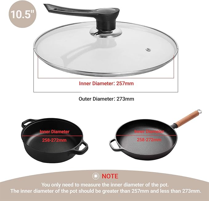 10.5 Inch Pan Lid, Universal Pot Lid, Support Vertical Placement, 4mm Clear Tempered Glass, Compatible with Dishwasher and Ovens