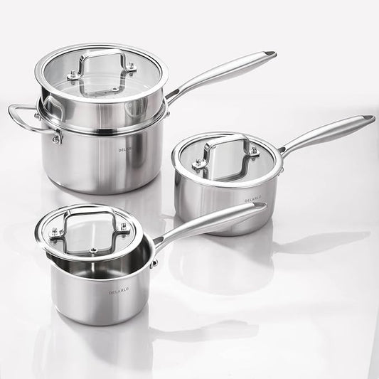 DELARLO Kitchen Pot Set, Tri-Ply Stainless Steel Saucepan Set, 1.0QT 2QT 3.5QT, Cooking Set, Fast Even Heat, Saucepan set Compatible with all Cooktops 600℉（Lids 300℉）3.5QT Pot with a Steamer