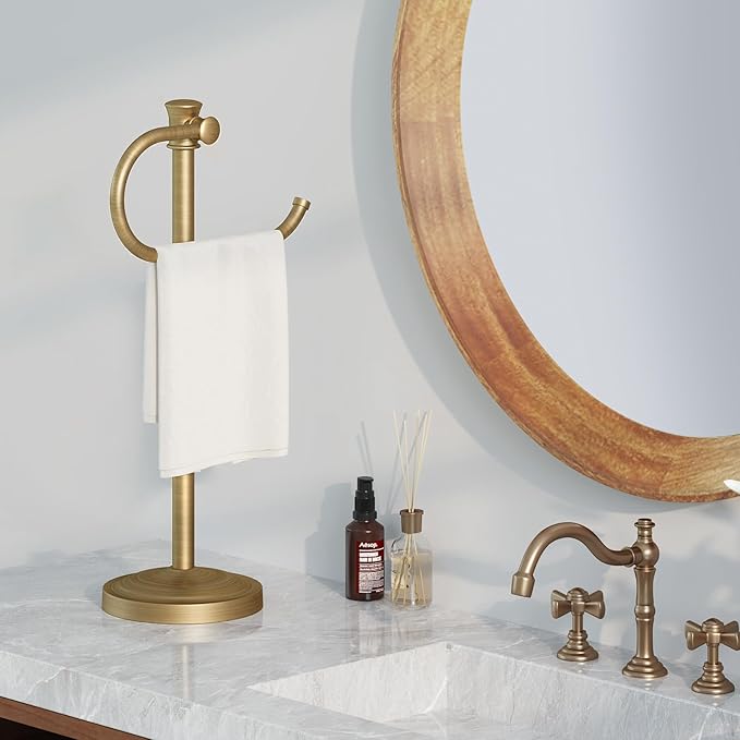 BESy 17 Inch Antique Brass Stand Towel Bar Hanger Hand Towel Bar Bathroom Vanity Countertop Towel Holder Free Standing Stainless Steel Towel Ring Hardware Accessories Towel Rack