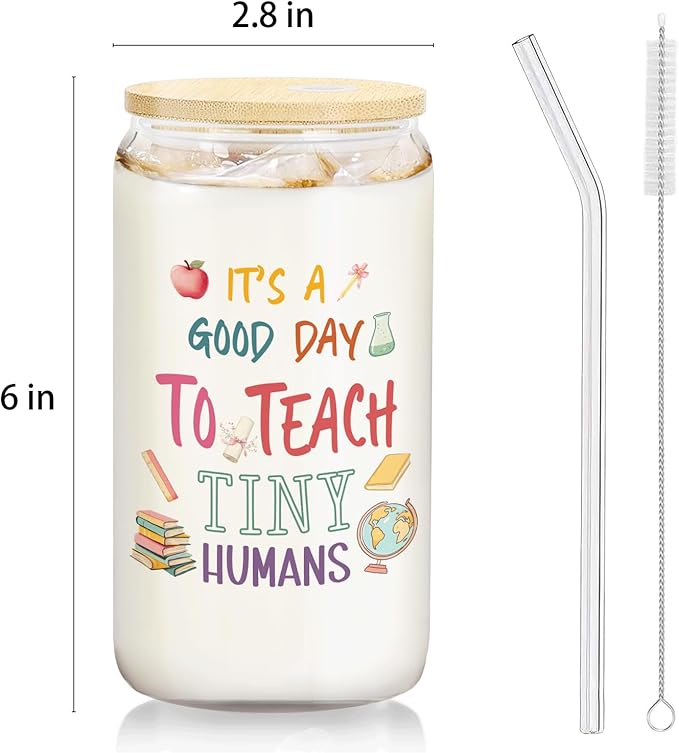 Kindergarten Teacher Glass Cup with Lids and Straws 14oz, Teacher Appreciation Gifts, Best Teachers Gifts for Women Glass Iced Coffee Tumbler Drinking Jars with Cleaning Brush