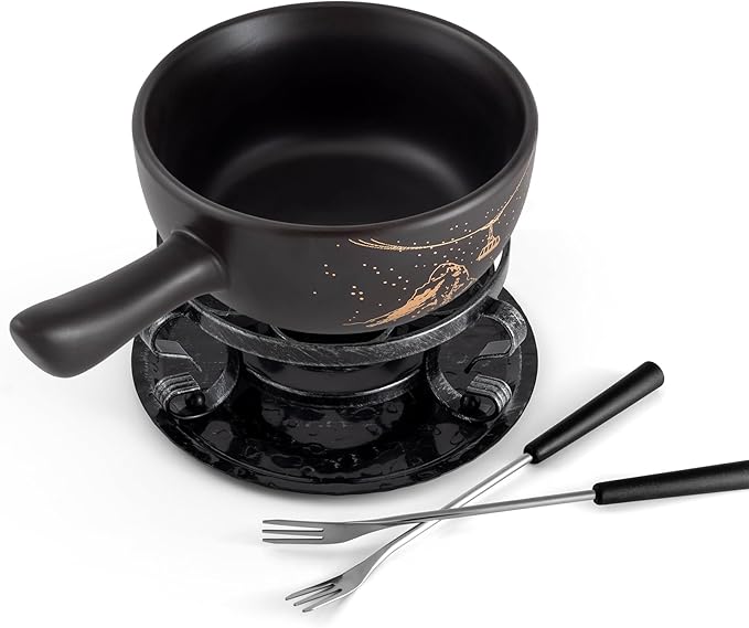 Swissmar Gruyere Cheese Fondue Set - 2.8 QT / 2.65 L - Ceramic Fondue Pot with Rechaud, Fondue Burner, 6 Forks - Ideal for Melting Cheese, Chocolate & Caramel - Black