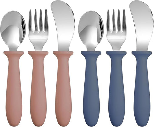 Pimoys 6 Pieces Toddler Utensils Forks,Spoons and Knives,Kids Silverware Set with Plastic Handle Stainless Steel Toddler Silverware,Dishwasher Safe