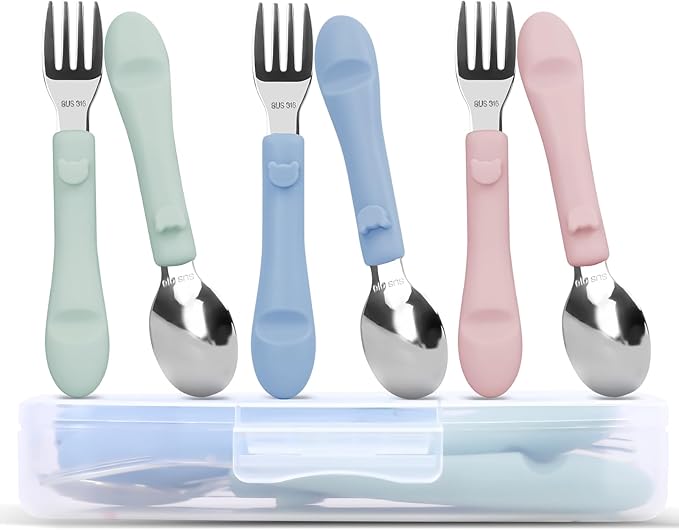 6PCS Toddler Utensils, 316 Stainless Steel Baby Safe Forks + Spoons with Silicone Handle, BPA Free Dishwasher Safe Kids Silverware Cutlery with Box, Sage/Blue/Blush