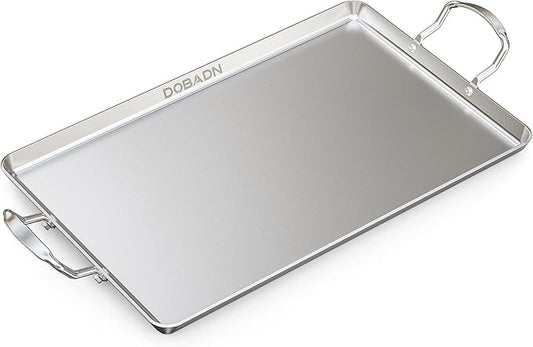 Stainless Steel Double Griddle for Gas or Electric Double Burner Cooktop, 18'' x 11.5'' Non-Stick Stove Top Flat Griddle Grill Pan Skillet for Indoor Medium or Low Heat Dual Burner Stove