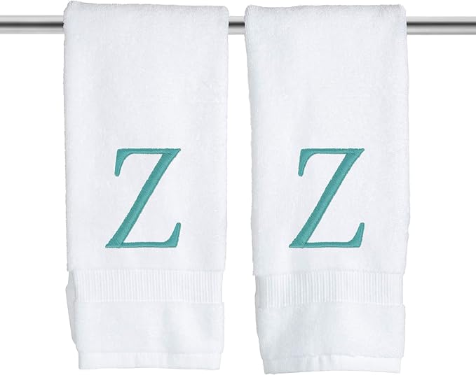 White Monogram Hand Towel for Bathroom - Monogrammed Initial Hotel Quality Decorative Embroidered Luxury Towel for Powder Room, Spa - GOTS Organic Certified - Set of 2 Teal Letter Z