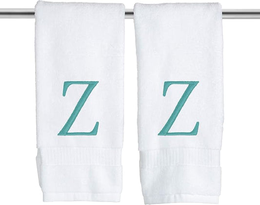 White Monogram Hand Towel for Bathroom - Monogrammed Initial Hotel Quality Decorative Embroidered Luxury Towel for Powder Room, Spa - GOTS Organic Certified - Set of 2 Teal Letter Z