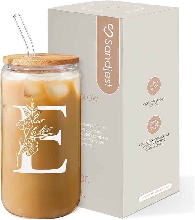 SANDJEST Monogrammed Gifts for Women - Monogram E Initial Glass Cup 16 Oz Can Coffee Cups with Lid and Straw - Monogram Initials Gifts for Womens on Birthday