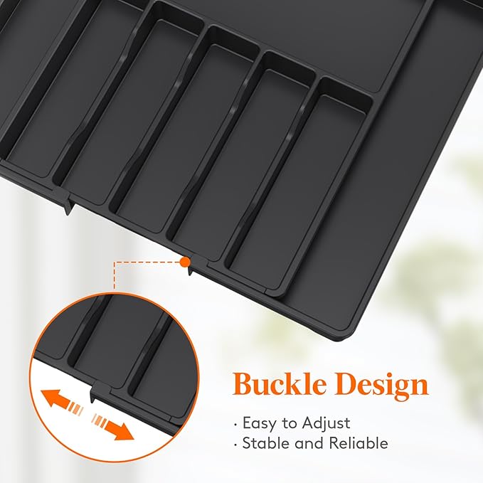 Lifewit Silverware Drawer Organizer, Expandable from 15.4 to 27 inches, Utensil Tray for Kitchen, Adjustable Cutlery Holder, Plastic Flatware Storage for Spoons Forks Knives, Extra Large, Black