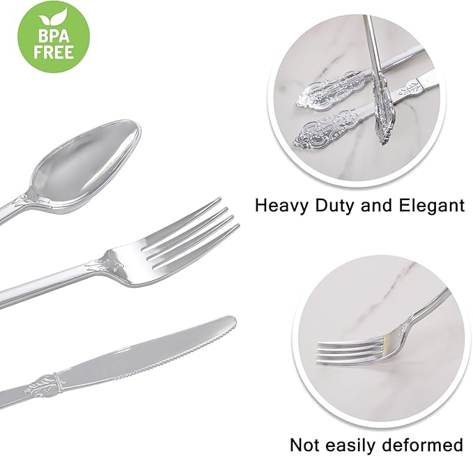 WELLIFE 50 Pack Silver Plastic Silverware,Christmas Utensils, Wrapped Silverware Set Disposable,Include 50 Forks, 50 Knives, 50 Spoons and 50 Napkins, Disposable Cutlery for Party and Christmas