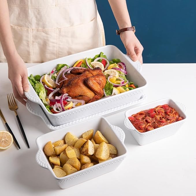 Sweejar Ceramic Baking Dish Lasagna Pans with Trivet, Rectangular Bakeware for Cooking, Kitchen, Cake Dinner, Banquet, 15.3x 9.6 x 2.8 Inches of Casserole Dishes（White）