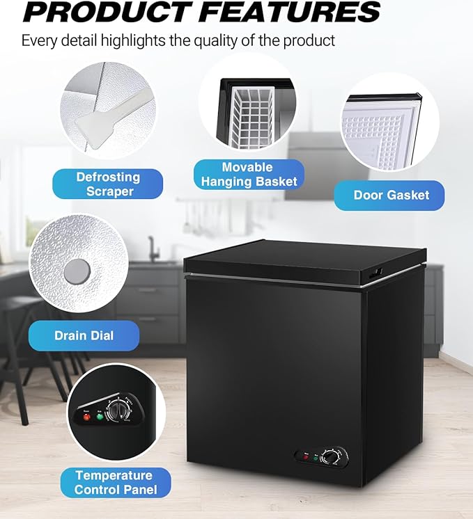 Compact Chest Freezer, 5.0 Cu Ft Deep Freezer with Removable Storage Basket, Mini Freezer with 7 Temperature Levels Thermostat, Black Top Open Door Freezer Ideal for Home, Kitchen & Office